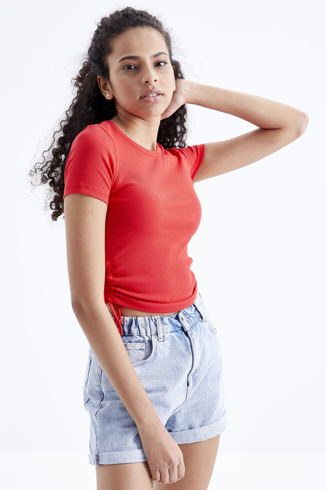 TMY Pomegranate Flower Basic Ruched Round Neck Women Crop Top T-Shirt - 97203 - Joplin