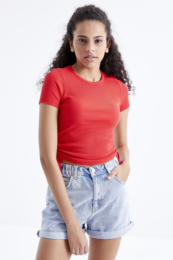 TMY Pomegranate Flower Basic Ruched Round Neck Women Crop Top T-Shirt - 97203 - Joplin