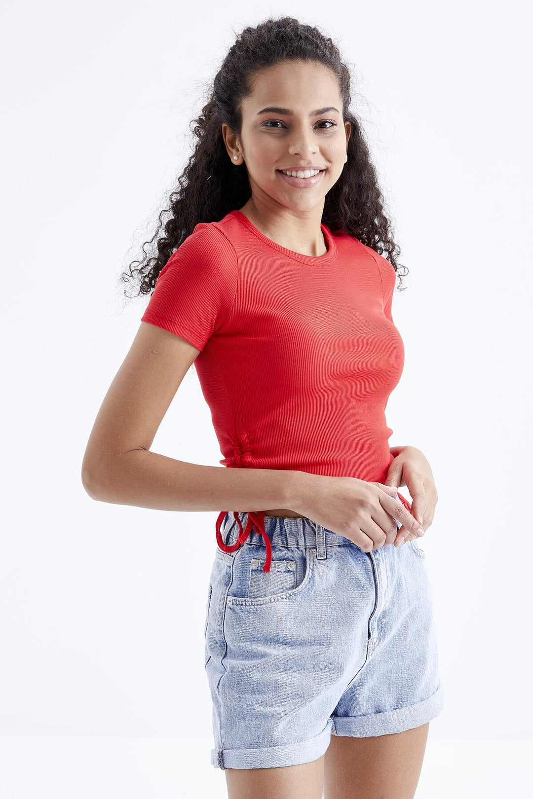 TMY Pomegranate Flower Basic Ruched Round Neck Women Crop Top T-Shirt - 97203 - Joplin