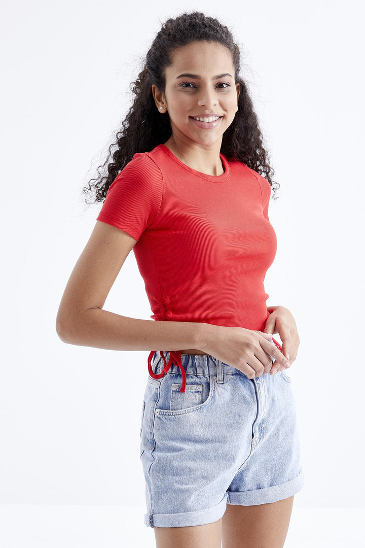 TMY Pomegranate Flower Basic Ruched Round Neck Women Crop Top T-Shirt - 97203 - Joplin