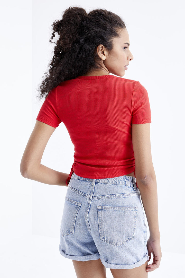 TMY Pomegranate Flower Basic Ruched Round Neck Women Crop Top T-Shirt - 97203 - Joplin