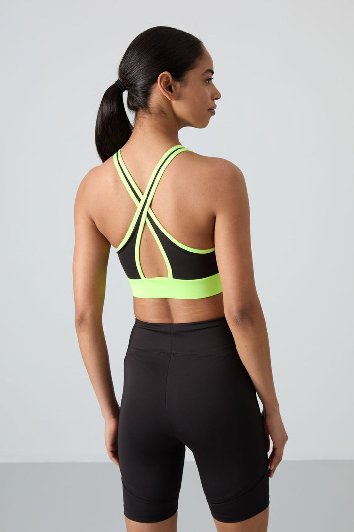 TMY Neon Yellow Cross Back Detail Slim Fit Scoop Neck Padded Women's Sports Bra - 97121 - Winter Garden