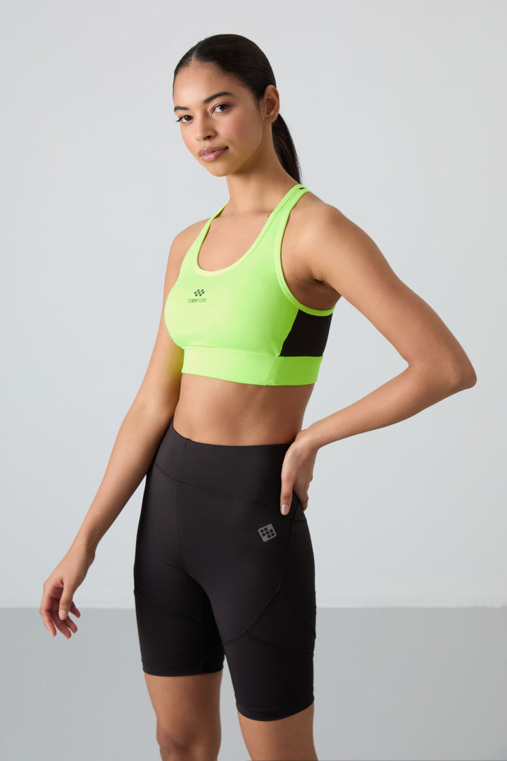TMY Neon Yellow Cross Back Detail Slim Fit Scoop Neck Padded Women's Sports Bra - 97121 - Winter Garden