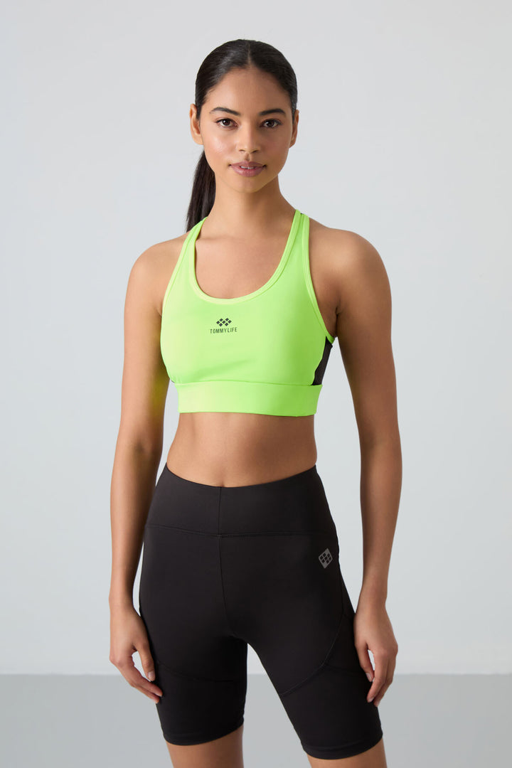 TMY Neon Yellow Cross Back Detail Slim Fit Scoop Neck Padded Women's Sports Bra - 97121 - Winter Garden