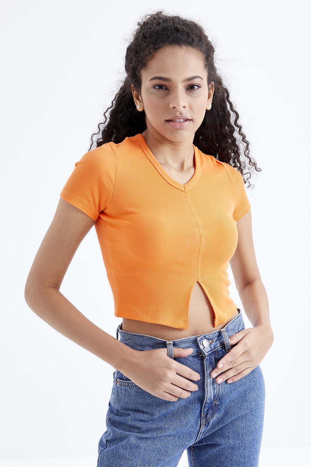 TMY Oranj Basic Front Slit V-Neck Women's Crop Top T-Shirt - 97206 - Guelph
