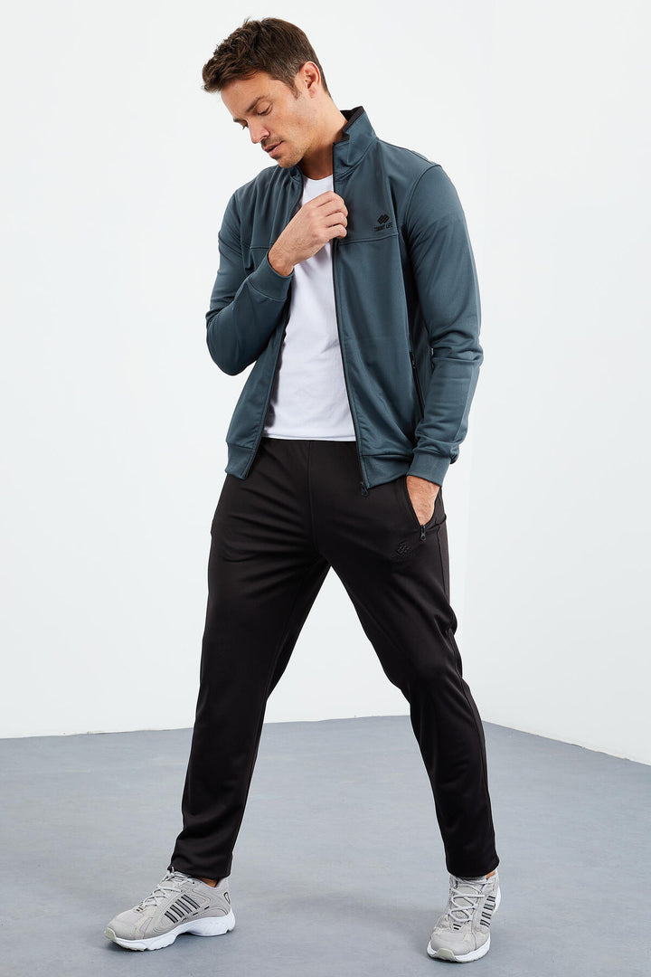 TMY Forest Green - Black High Neck Zippered Standard Fit Classic Cuff Men's Tracksuit - 85162 - Siegen