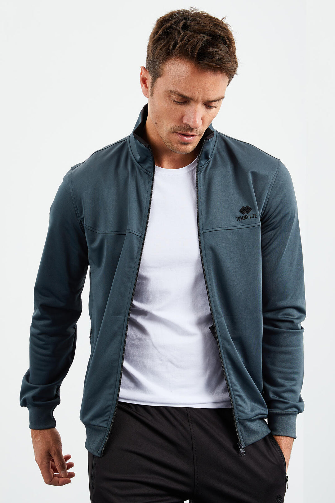 TMY Forest Green - Black High Neck Zippered Standard Fit Classic Cuff Men's Tracksuit - 85162 - Siegen