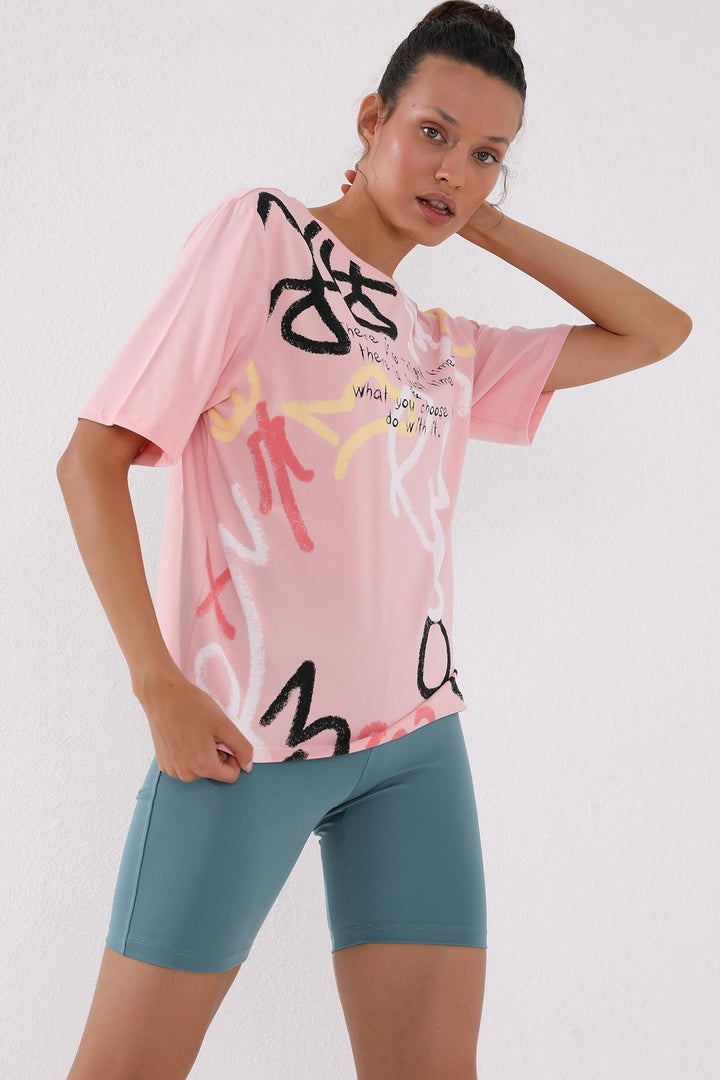 TMY Pink Mixed Patterned Printed Round Neck Women's Oversize T-Shirt - 97132 - Bellinzona