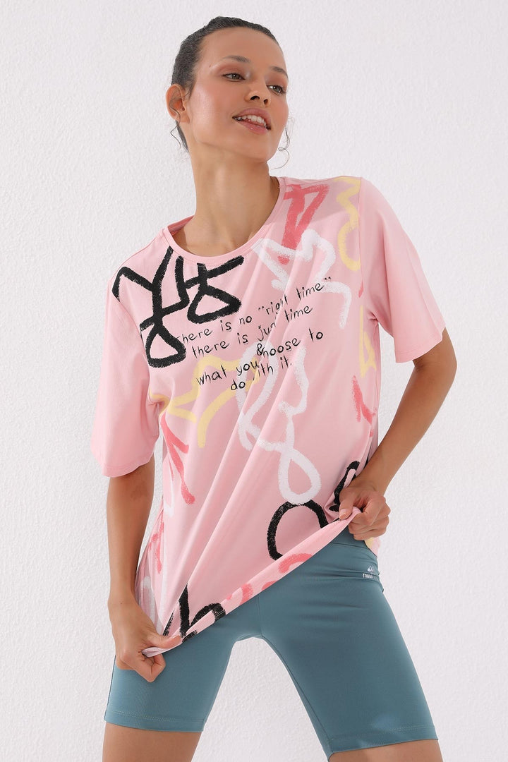 TMY Pink Mixed Patterned Printed Round Neck Women's Oversize T-Shirt - 97132 - Bellinzona