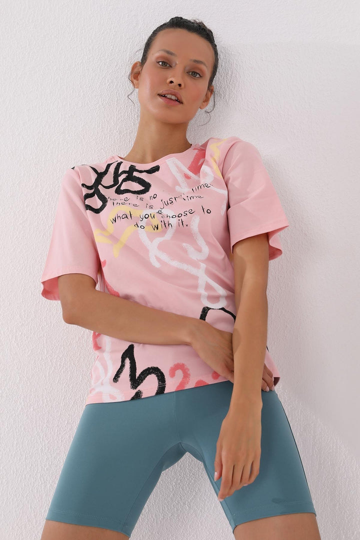 TMY Pink Mixed Patterned Printed Round Neck Women's Oversize T-Shirt - 97132 - Bellinzona