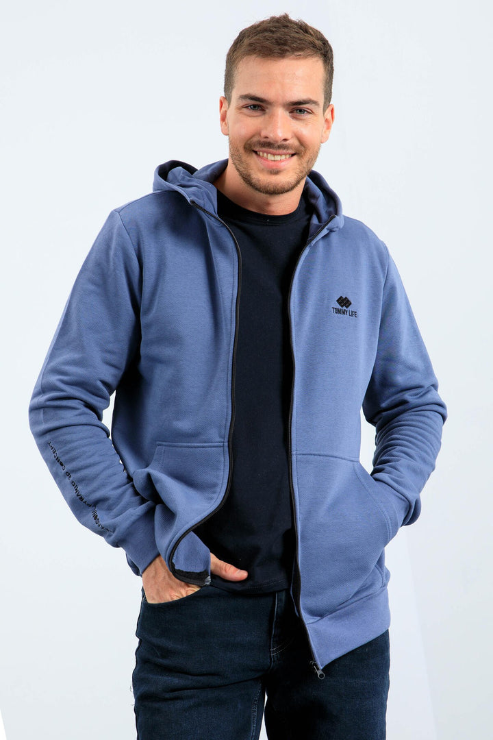 TMY Petrol Basic Hooded Comfort Fit Embroidered Detail Zippered Men's Sweatshirt - 88035 - Wylie