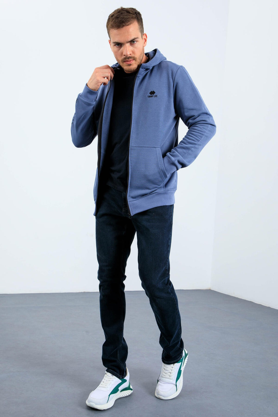 TMY Petrol Basic Hooded Comfort Fit Embroidered Detail Zippered Men's Sweatshirt - 88035 - Wylie