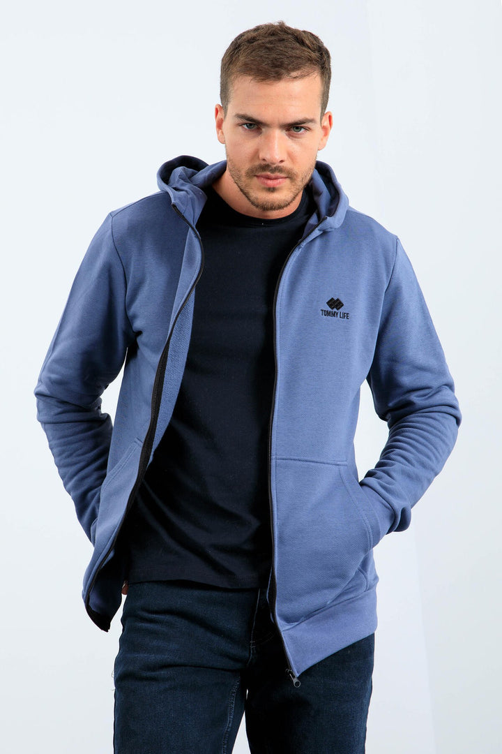 TMY Petrol Basic Hooded Comfort Fit Embroidered Detail Zippered Men's Sweatshirt - 88035 - Wylie