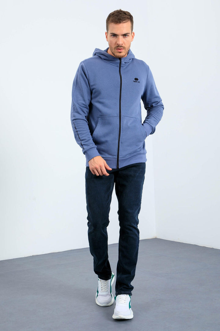 TMY Petrol Basic Hooded Comfort Fit Embroidered Detail Zippered Men's Sweatshirt - 88035 - Wylie