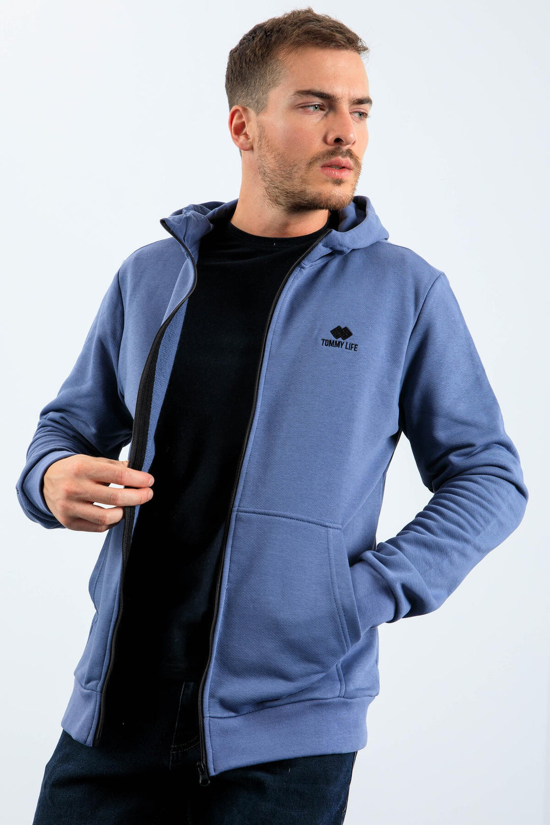 TMY Petrol Basic Hooded Comfort Fit Embroidered Detail Zippered Men's Sweatshirt - 88035 - Wylie