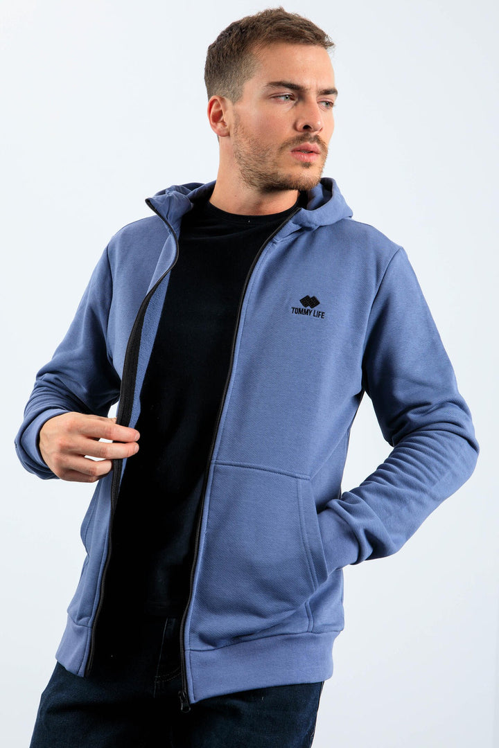 TMY Petrol Basic Hooded Comfort Fit Embroidered Detail Zippered Men's Sweatshirt - 88035 - Wylie