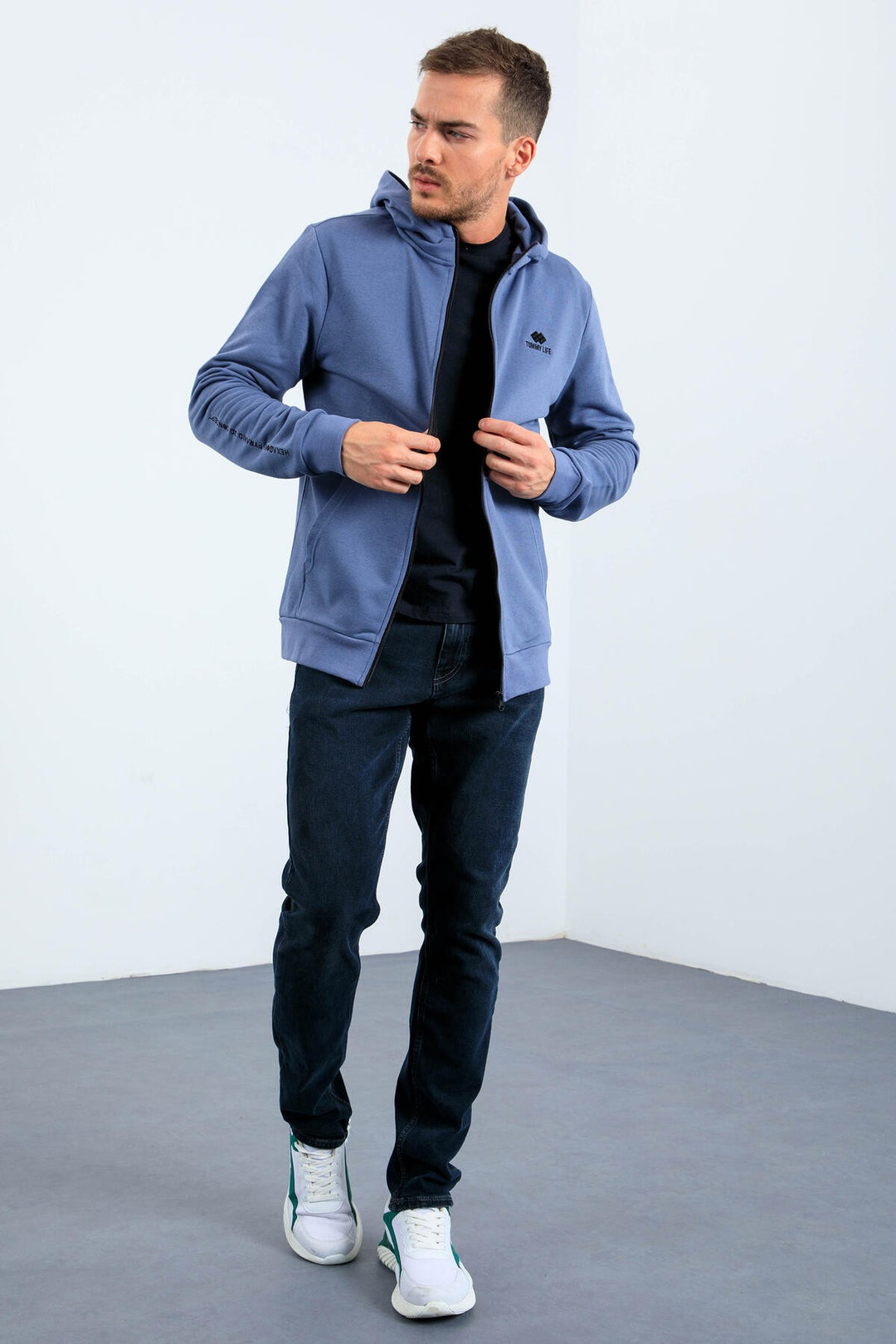 TMY Petrol Basic Hooded Comfort Fit Embroidered Detail Zippered Men's Sweatshirt - 88035 - Wylie