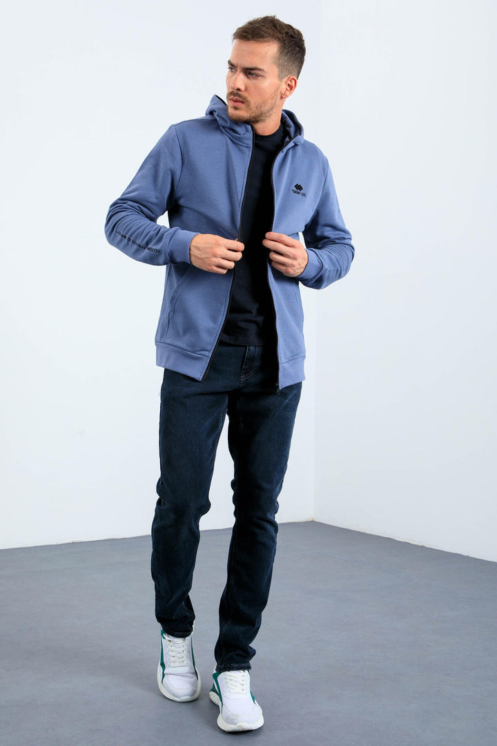 TMY Petrol Basic Hooded Comfort Fit Embroidered Detail Zippered Men's Sweatshirt - 88035 - Wylie