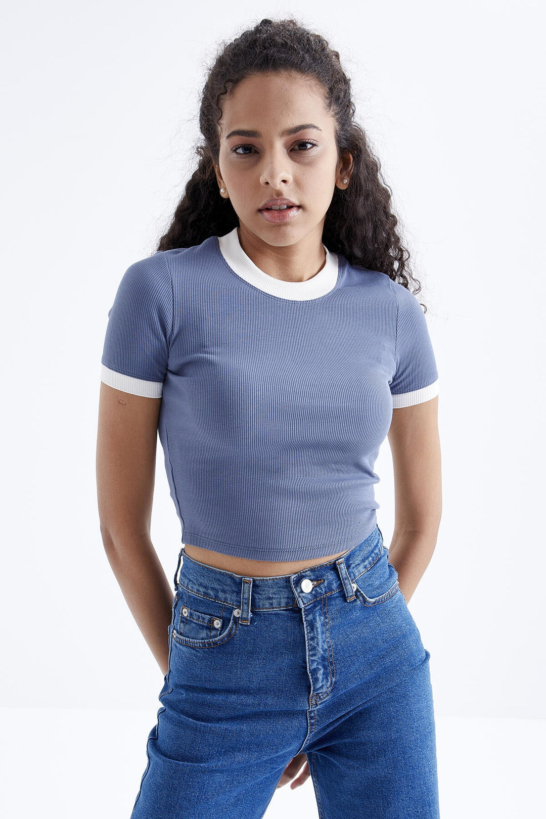 TMY Petrol Basic Sleeve Detail O Neck Women's Crop Top T-Shirt - 97200 - Gallarate