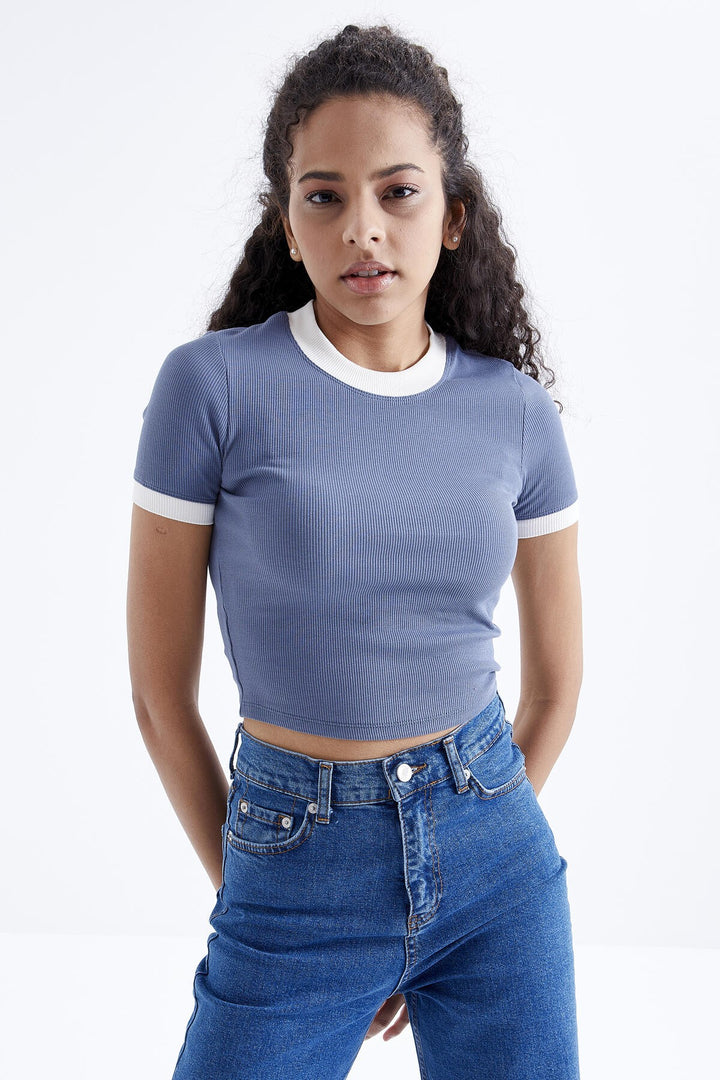 TMY Petrol Basic Sleeve Detail O Neck Women's Crop Top T-Shirt - 97200 - Gallarate
