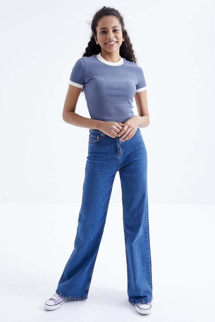 TMY Petrol Basic Sleeve Detail O Neck Women's Crop Top T-Shirt - 97200 - Gallarate