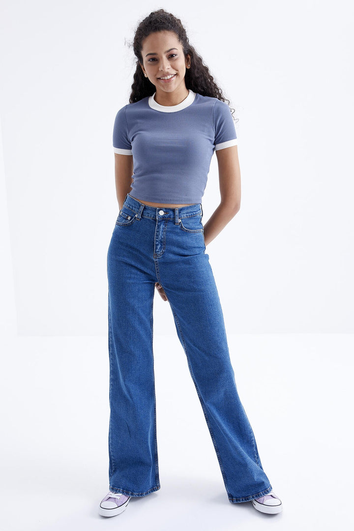 TMY Petrol Basic Sleeve Detail O Neck Women's Crop Top T-Shirt - 97200 - Gallarate