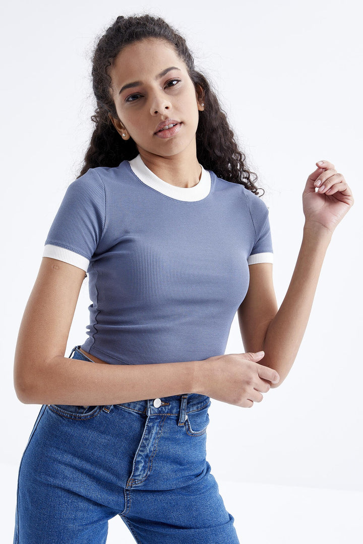 TMY Petrol Basic Sleeve Detail O Neck Women's Crop Top T-Shirt - 97200 - Gallarate