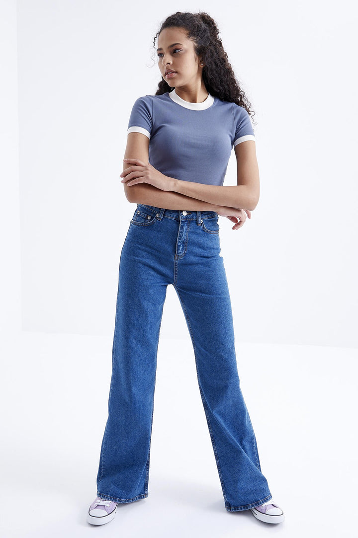 TMY Petrol Basic Sleeve Detail O Neck Women's Crop Top T-Shirt - 97200 - Gallarate