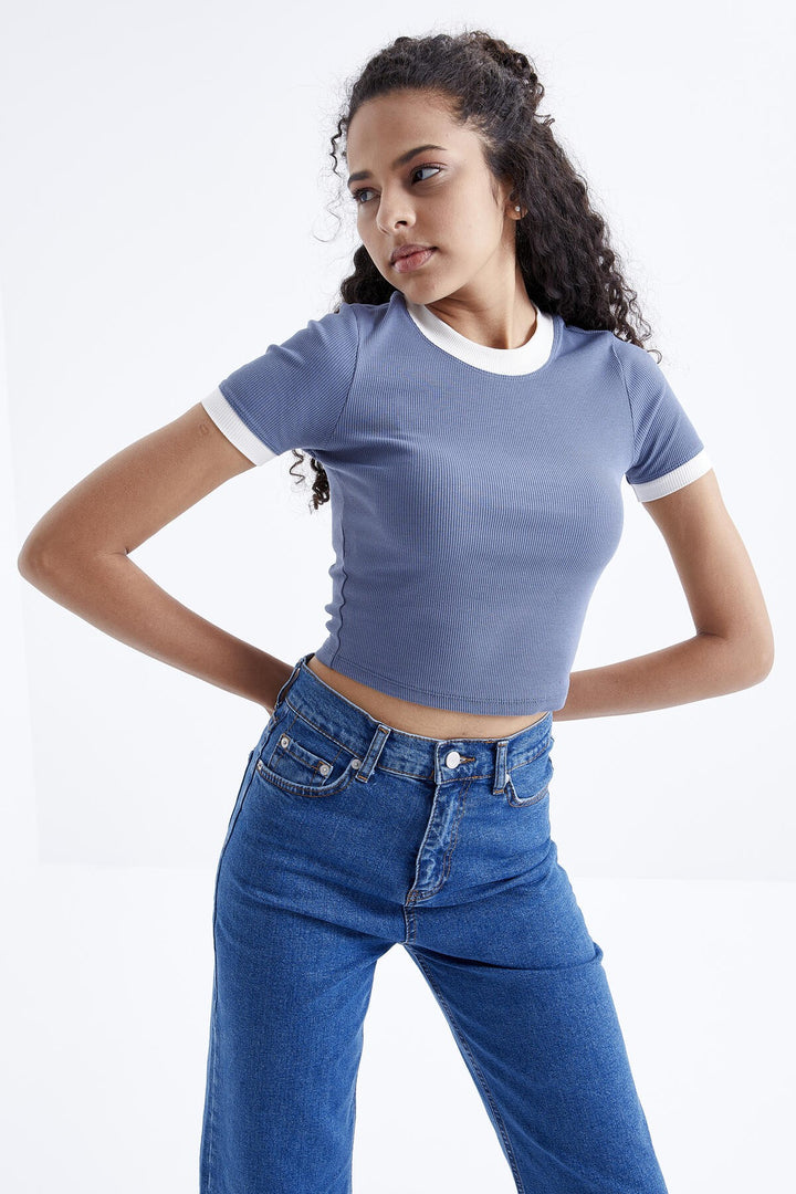 TMY Petrol Basic Sleeve Detail O Neck Women's Crop Top T-Shirt - 97200 - Gallarate