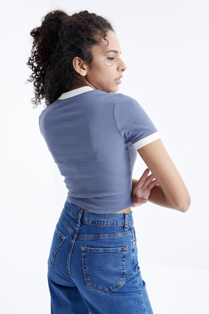 TMY Petrol Basic Sleeve Detail O Neck Women's Crop Top T-Shirt - 97200 - Gallarate