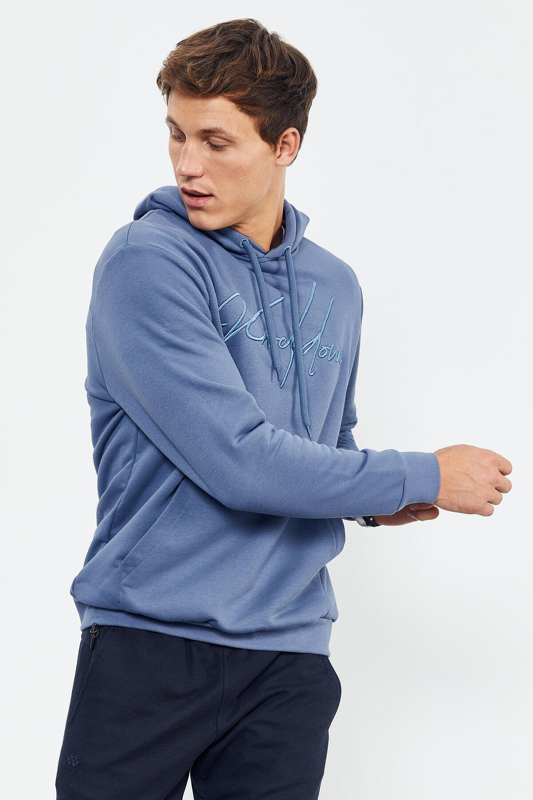 TMY Petrol Handwriting Embroidered Hooded Comfort Fit Men's Sweatshirt - 88007 - Brindisi