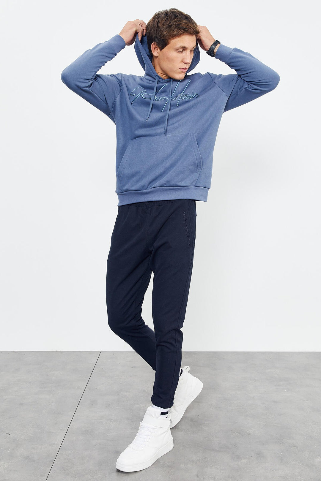 TMY Petrol Handwriting Embroidered Hooded Comfort Fit Men's Sweatshirt - 88007 - Brindisi
