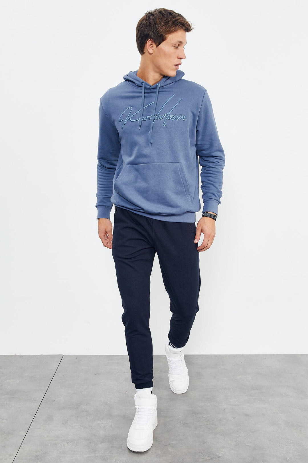 TMY Petrol Handwriting Embroidered Hooded Comfort Fit Men's Sweatshirt - 88007 - Brindisi