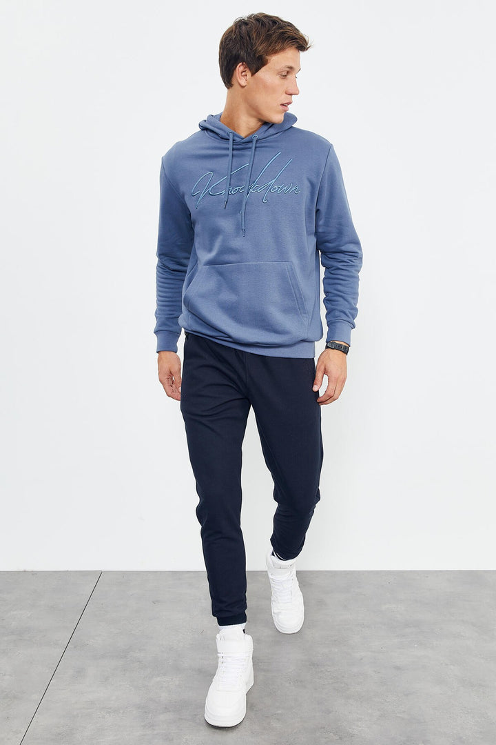 TMY Petrol Handwriting Embroidered Hooded Comfort Fit Men's Sweatshirt - 88007 - Brindisi