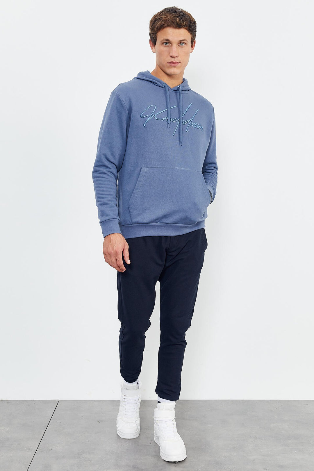 TMY Petrol Handwriting Embroidered Hooded Comfort Fit Men's Sweatshirt - 88007 - Brindisi