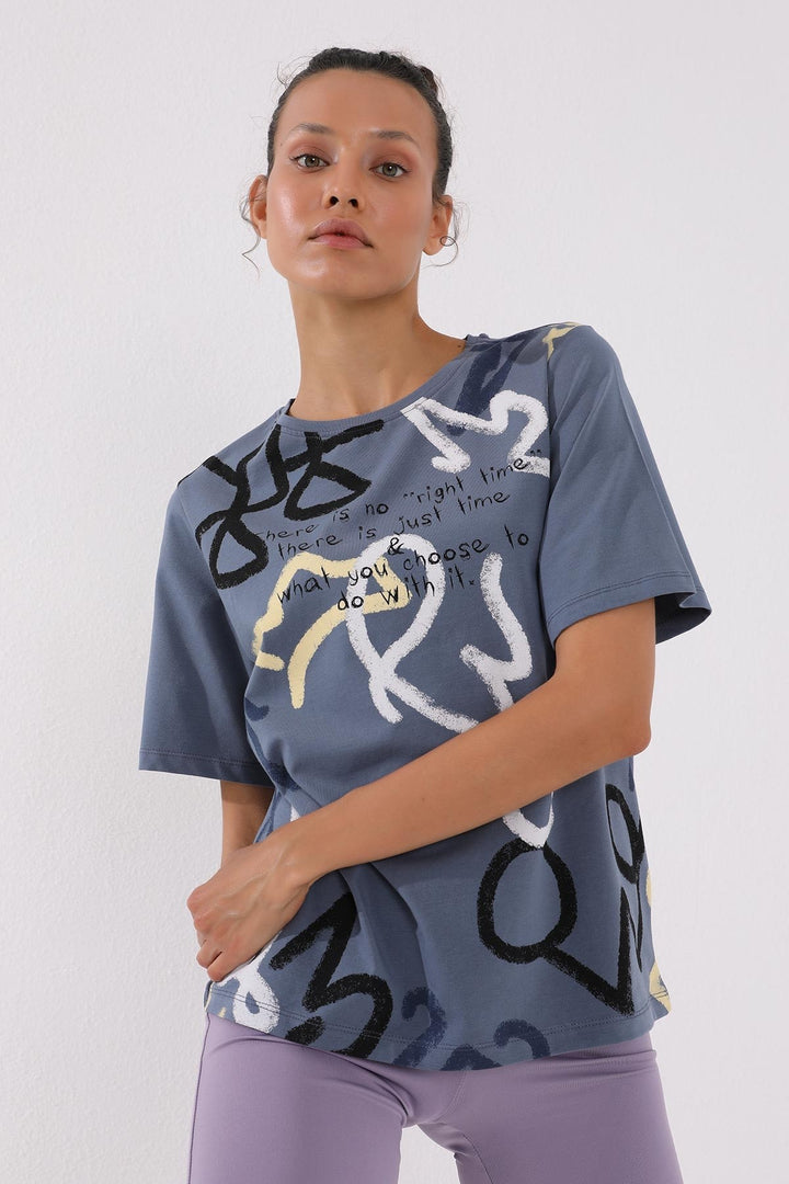 TMY Petrol Mixed Pattern Printed O Neck Women's Oversize T-Shirt - 97132 - Carlsbad