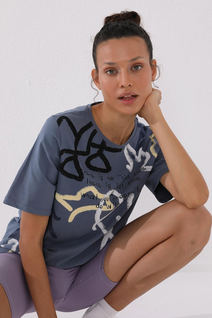 TMY Petrol Mixed Pattern Printed O Neck Women's Oversize T-Shirt - 97132 - Carlsbad