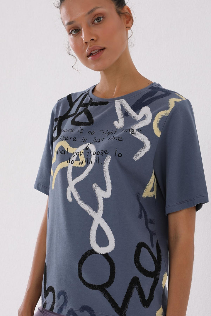 TMY Petrol Mixed Pattern Printed O Neck Women's Oversize T-Shirt - 97132 - Carlsbad
