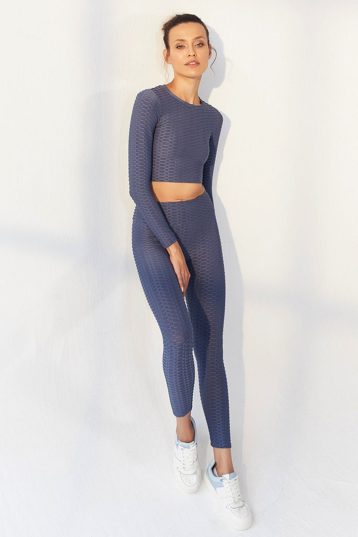 TMY Petrol Self-Patterned O Neck Long Sleeve Women's Crop Top T-Shirt - 97153 - Valle Hermoso