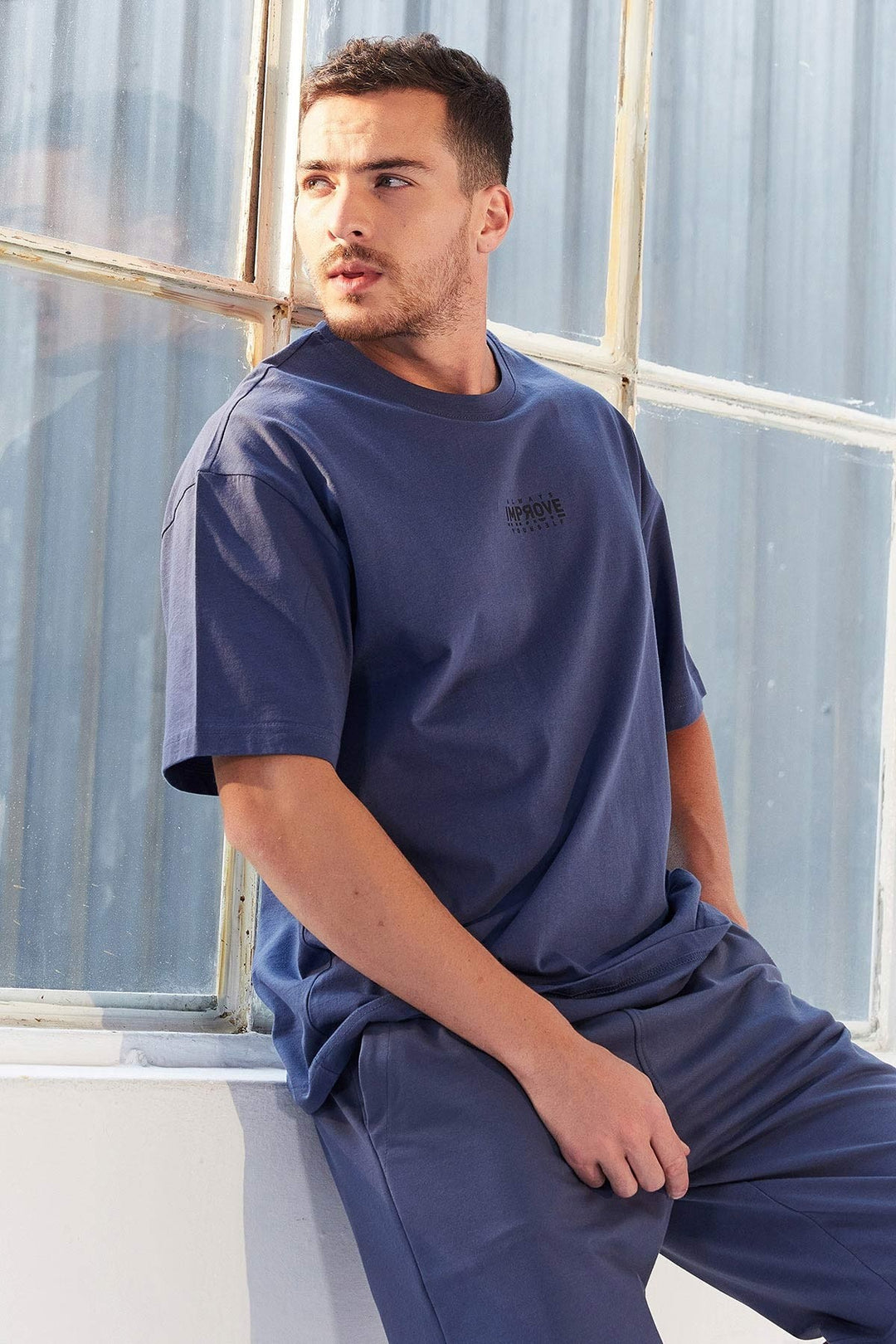 TMY Petrol Small Print O Neck Men's Oversize T-Shirt - 87985 - Collado-Villalba