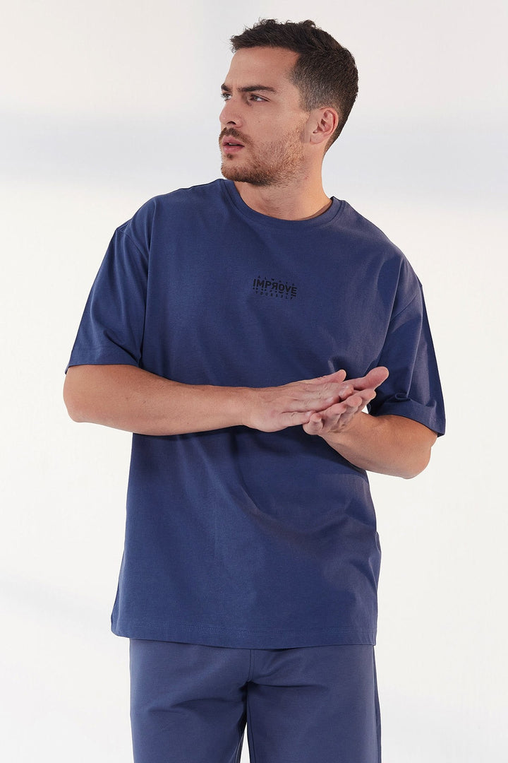 TMY Petrol Small Print O Neck Men's Oversize T-Shirt - 87985 - Collado-Villalba
