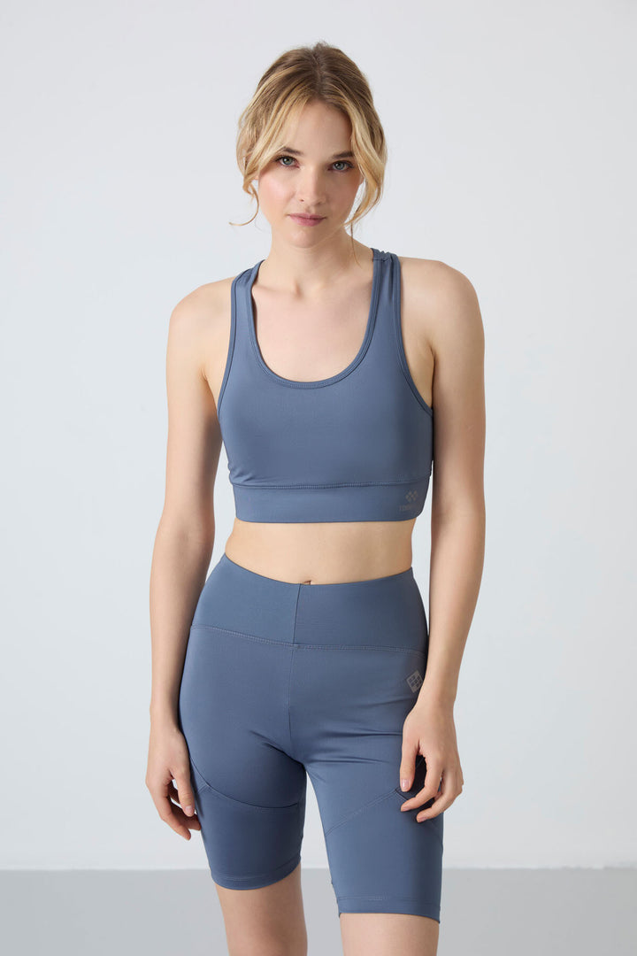 TMY Petrol Blue Detailed Slim Fit U Neck Women's Sports Bustier - 97120 - Aigáleo
