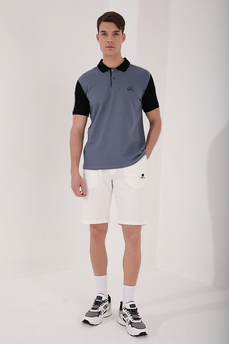 TMY Petrol Single Shoulder Printed Standard Mold Polo Neck Men's T-Shirt - 87940 - Oildale