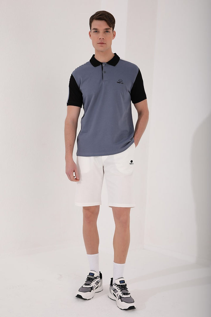 TMY Petrol Single Shoulder Printed Standard Mold Polo Neck Men's T-Shirt - 87940 - Oildale