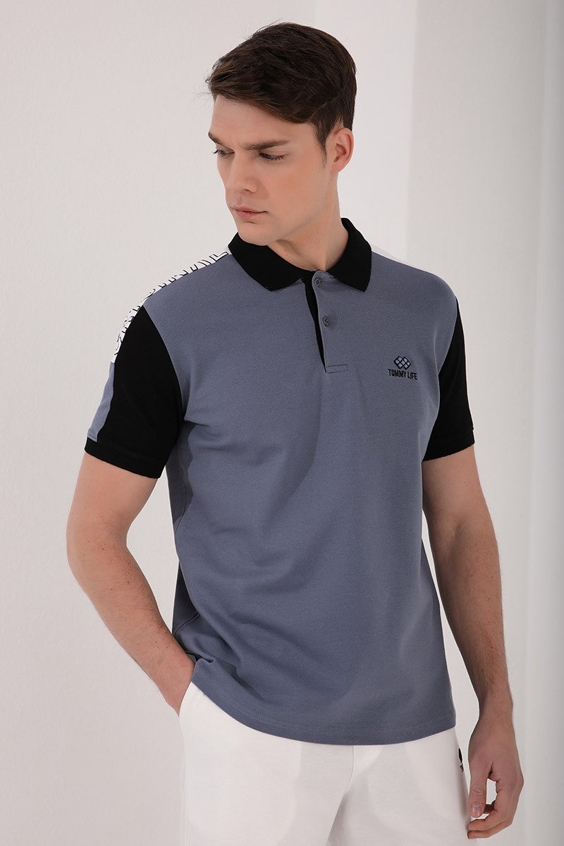 TMY Petrol Single Shoulder Printed Standard Mold Polo Neck Men's T-Shirt - 87940 - Oildale