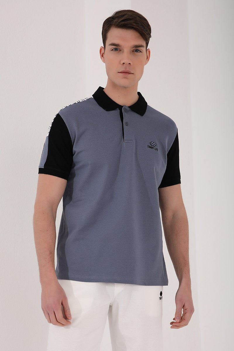 TMY Petrol Single Shoulder Printed Standard Mold Polo Neck Men's T-Shirt - 87940 - Oildale