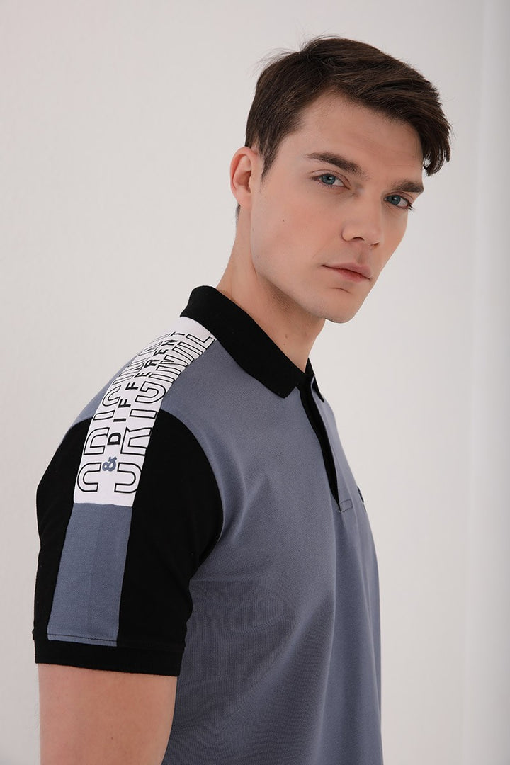 TMY Petrol Single Shoulder Printed Standard Mold Polo Neck Men's T-Shirt - 87940 - Oildale