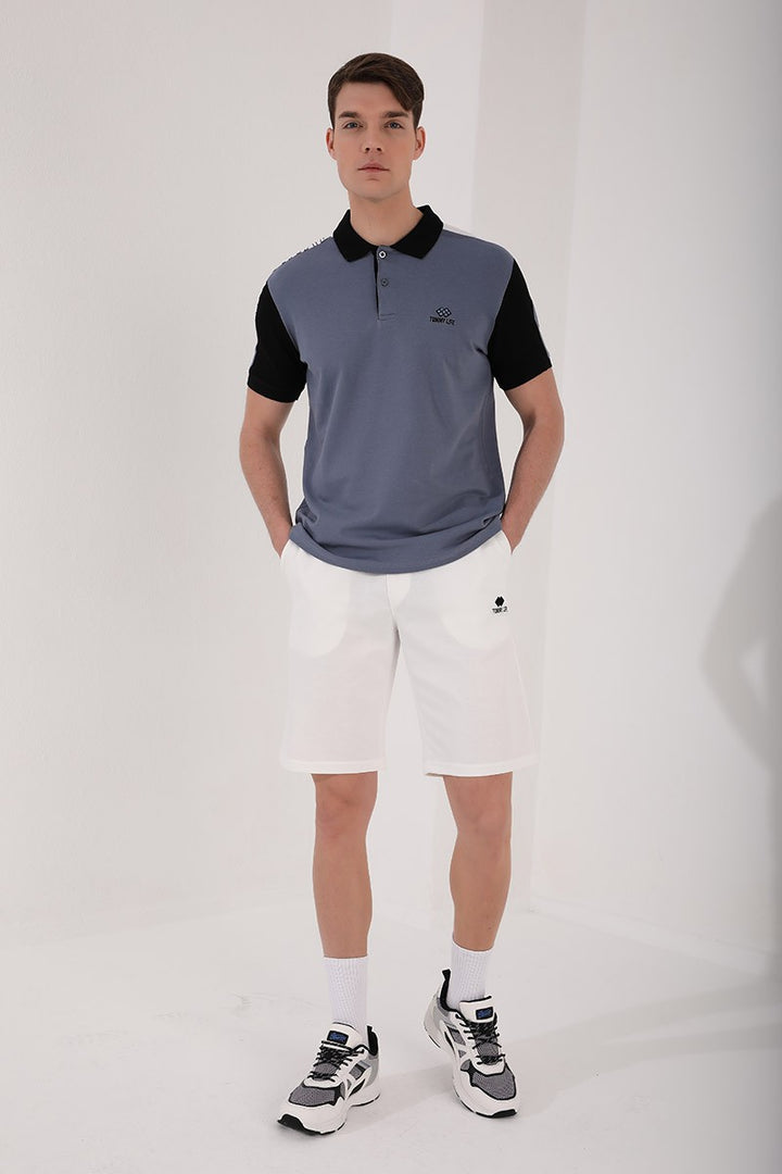 TMY Petrol Single Shoulder Printed Standard Mold Polo Neck Men's T-Shirt - 87940 - Oildale