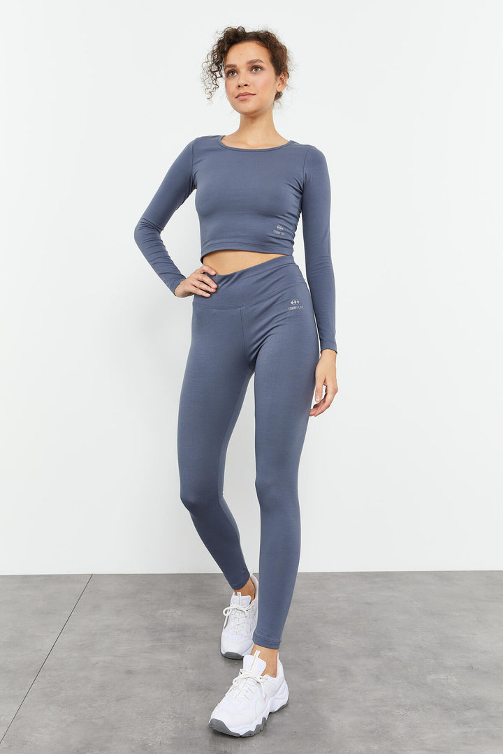 TMY Petrol Long Sleeve Slim Fit O Neck Women Crop Top T-Shirt - 97150 - Calais