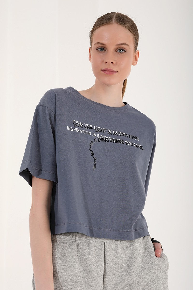 TMY Petrol Printed Short O Neck Women's Oversize T-Shirt - 97135 - Livorno